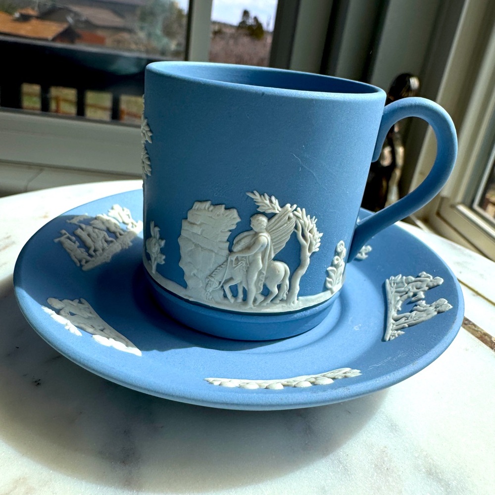 Vintage Wedgwood England Jasperware  Blue Demitasse Small Teacup And Saucer